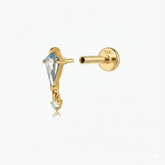 14K Solid Yellow Gold Blue Topaz Drop Flat Back Stud & Solid Gold Post