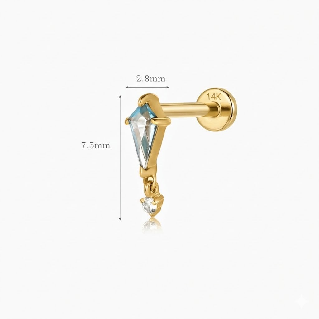 14K Solid Yellow Gold Blue Topaz Drop Flat Back Stud & Solid Gold Post