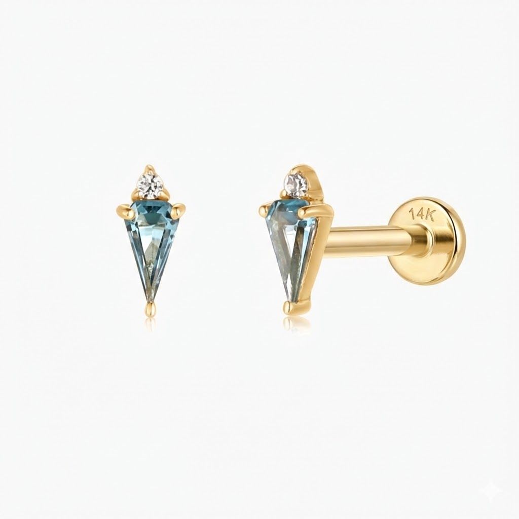 Pendientes de oro amarillo macizo de 14 quilates con topacio azul y parte trasera plana y poste de oro macizo