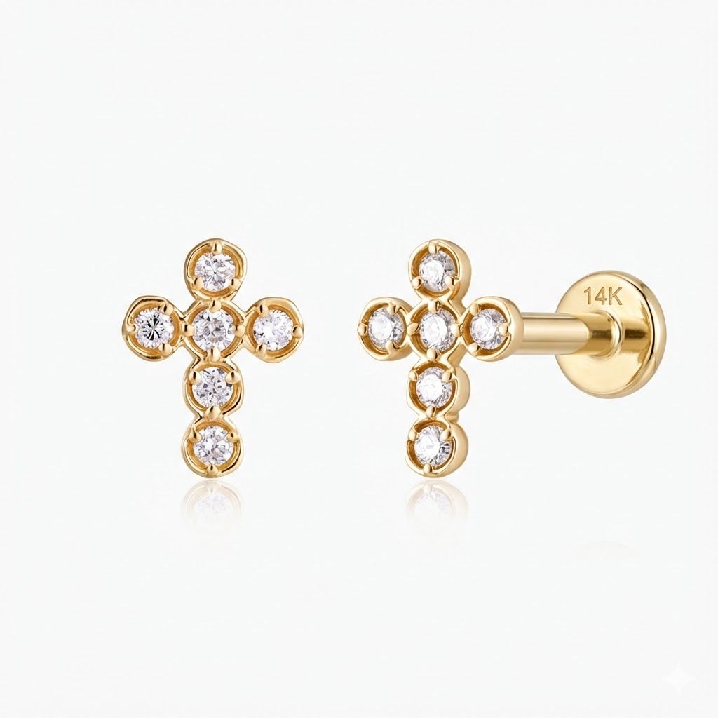 Aunyra- 14K Solid Yellow Gold Cross Flat Back Cartilage & Solid Gold Post
