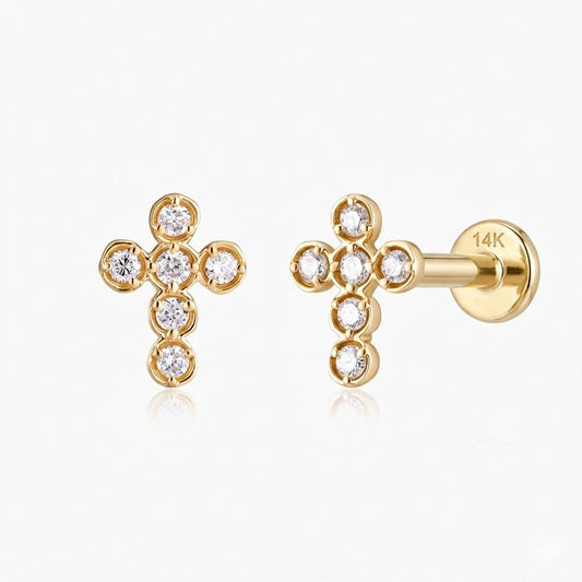 Aunyra- 14K Solid Yellow Gold Cross Flat Back Cartilage & Solid Gold Post