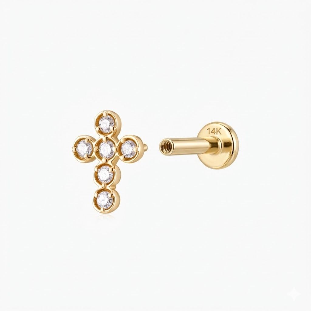 Aunyra- 14K Solid Yellow Gold Cross Flat Back Cartilage & Solid Gold Post