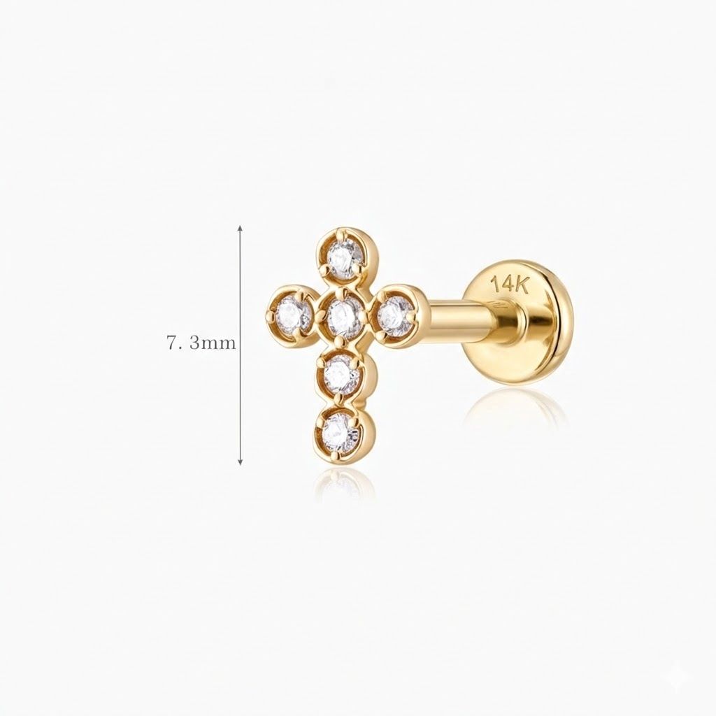 Aunyra- 14K Solid Yellow Gold Cross Flat Back Cartilage & Solid Gold Post