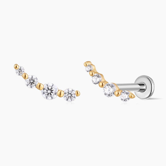 14K Solid Yellow Gold Curved Multi-Stone Flat Back Stud & Titanium Post