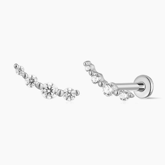 14K Solid White Gold Curved Multi-Stone Flat Back Stud & Titanium Post
