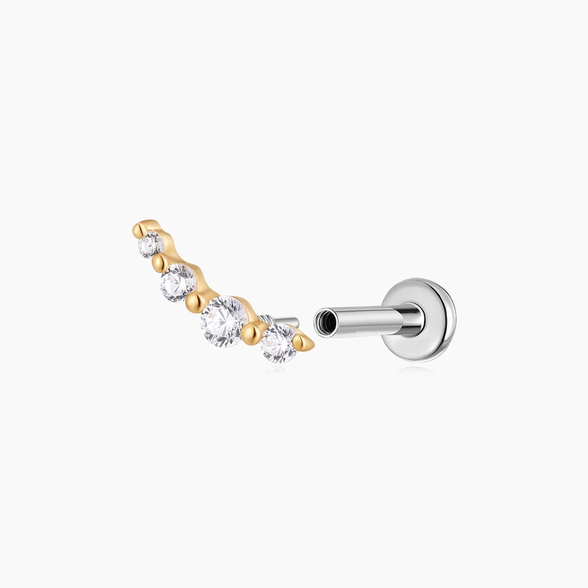 14K Solid Yellow Gold Curved Multi-Stone Flat Back Stud & Titanium Post