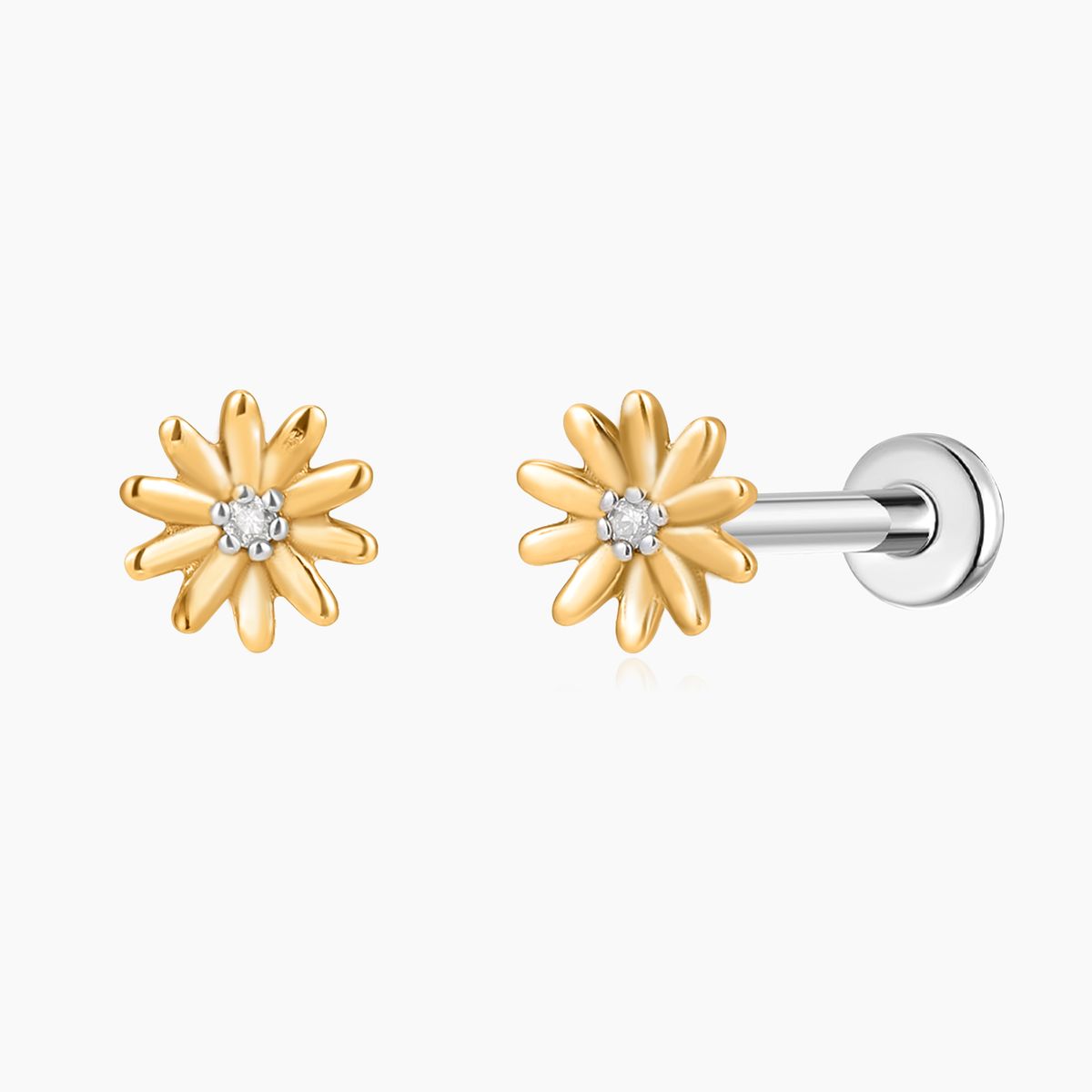 14K Solid Yellow Gold Daisy Flower Cartilage Flat Back Stud & Titanium Post