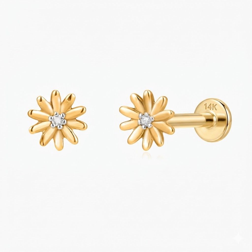 14K Solid Yellow Gold Daisy Flower Cartilage Flat Back Stud & Solid Gold Post