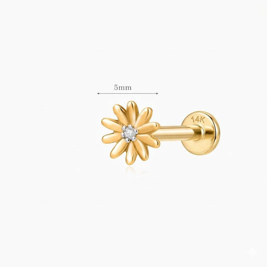 14K Solid Yellow Gold Daisy Flower Cartilage Flat Back Stud & Solid Gold Post