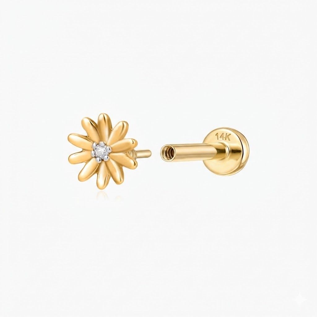 14K Solid Yellow Gold Daisy Flower Cartilage Flat Back Stud & Solid Gold Post