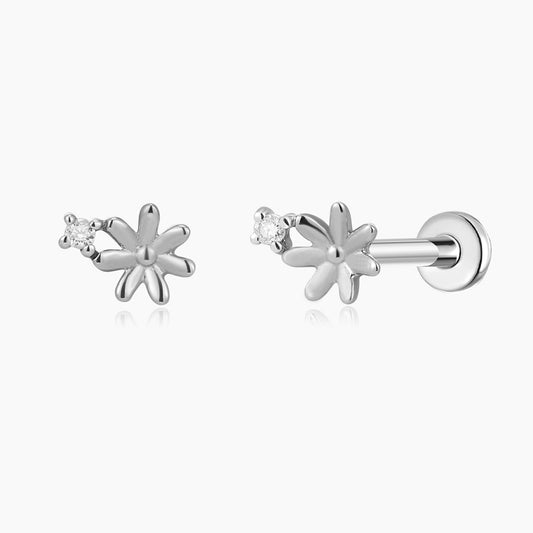 14K Solid White Gold Daisy Flower Flat Back Stud