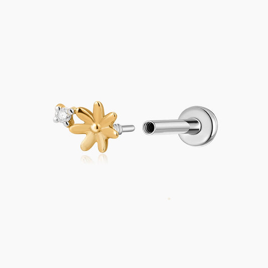 14K Solid Yellow Gold Daisy Flower Flat Back Stud & Titanium Post