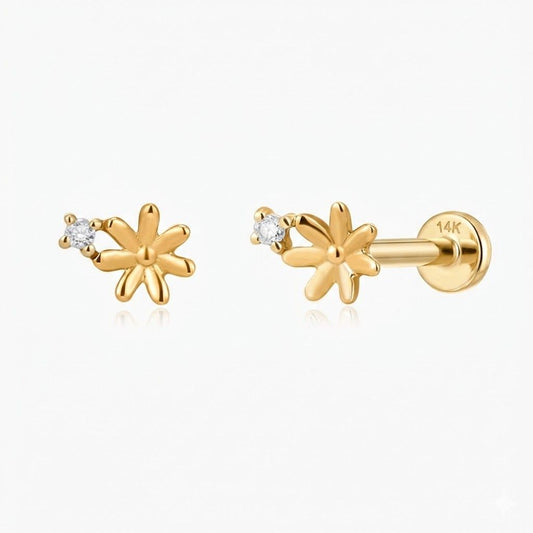 14K Solid Yellow Gold Daisy Flower Flat Back Stud & Solid Gold Post