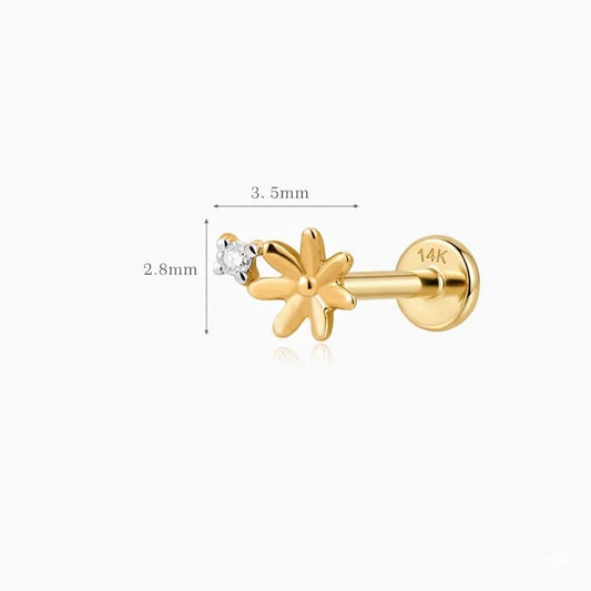 14K Solid Yellow Gold Daisy Flower Flat Back Stud & Solid Gold Post