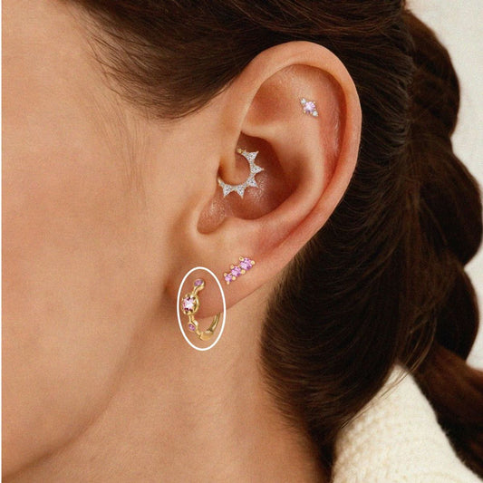 14K Solid Yellow Gold Pink Tourmaline Star Cluster Clicker Hoop