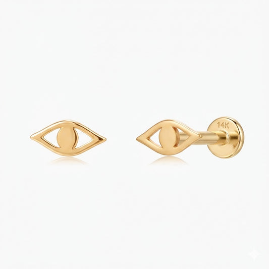 14K Solid Yellow Gold Evil Eye Flat Back Stud & Solid Gold Post