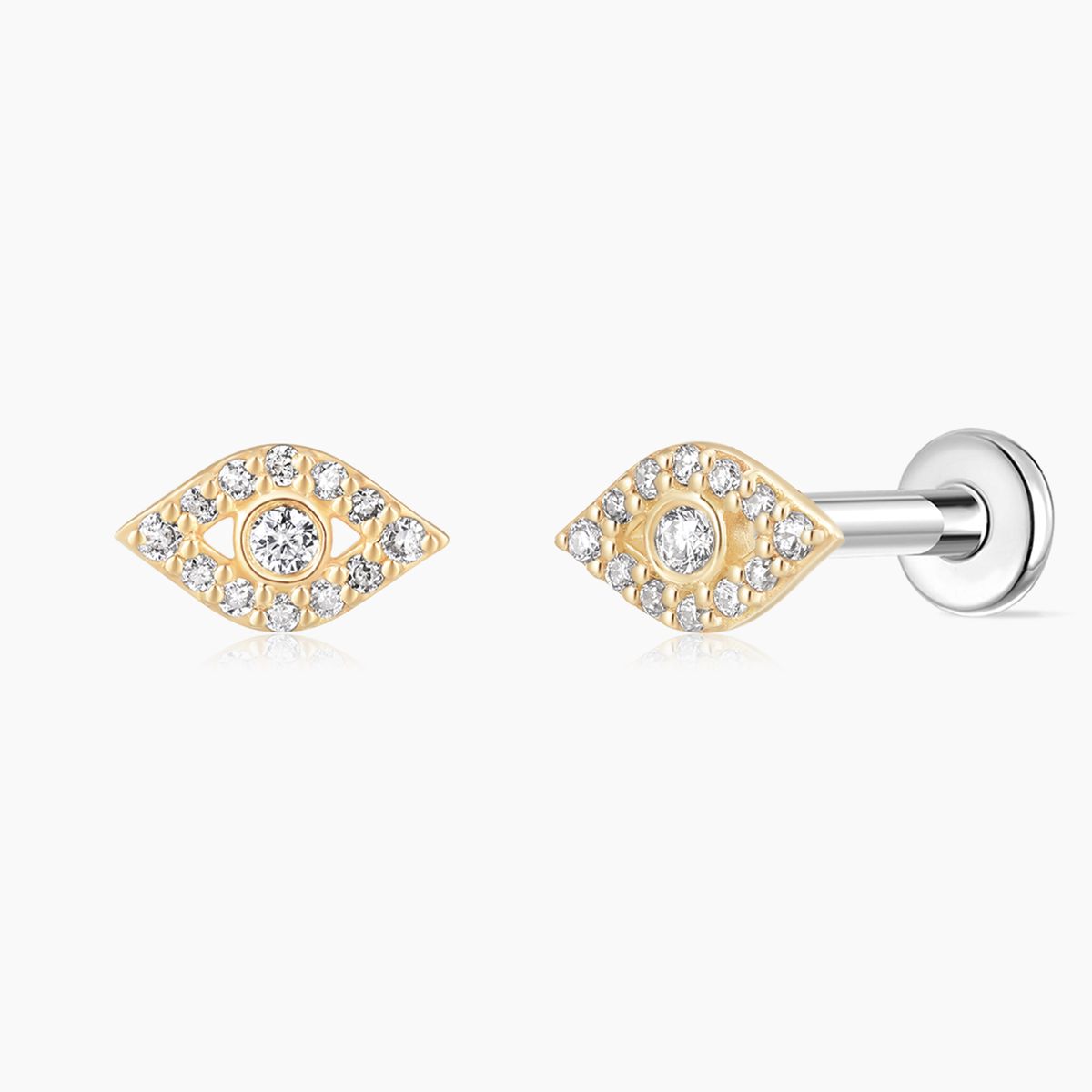 14K Solid Yellow Gold Evil Eye Pavé Flat Back Stud & Titanium Post