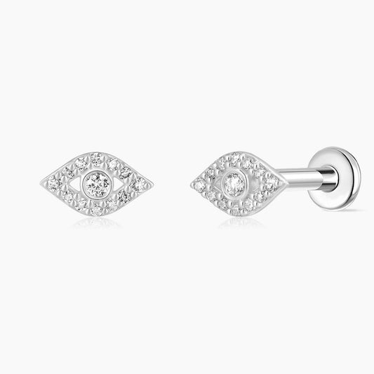 14K Solid White Gold Evil Eye Pavé Flat Back Stud & Titanium Post