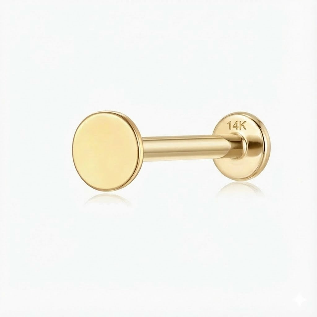 14K Solid Yellow Gold Flat Disc Stud Flat Back & Solid Gold Post