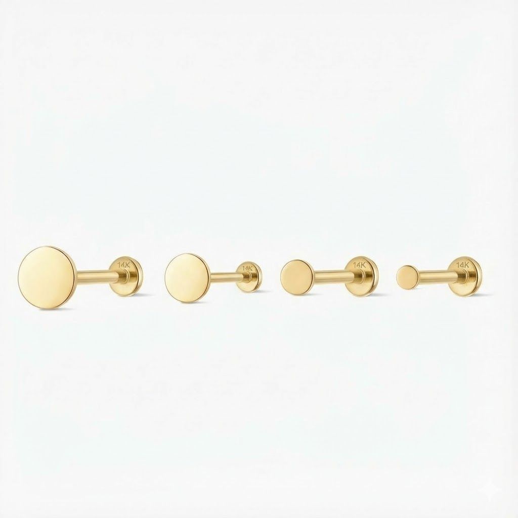 14K Solid Yellow Gold Flat Disc Stud Flat Back & Solid Gold Post