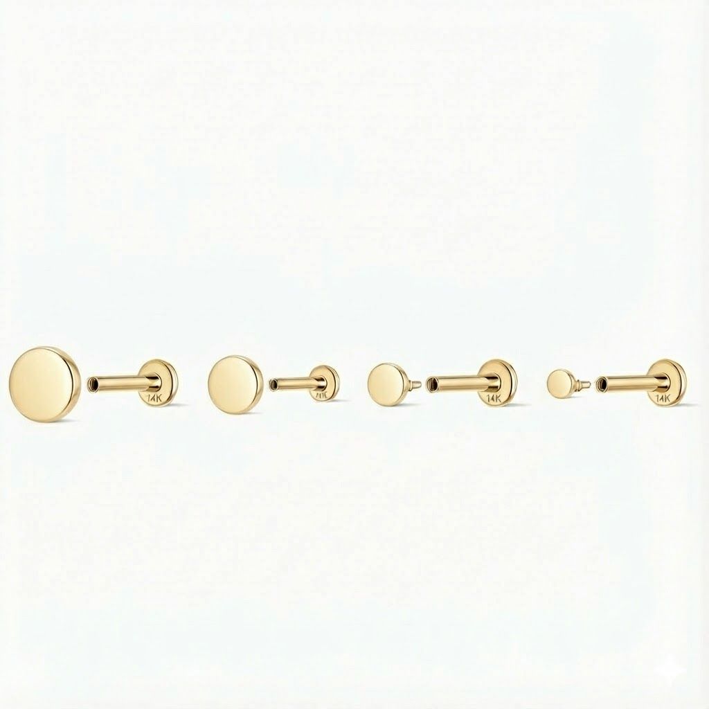 14K Solid Yellow Gold Flat Disc Stud Flat Back & Solid Gold Post