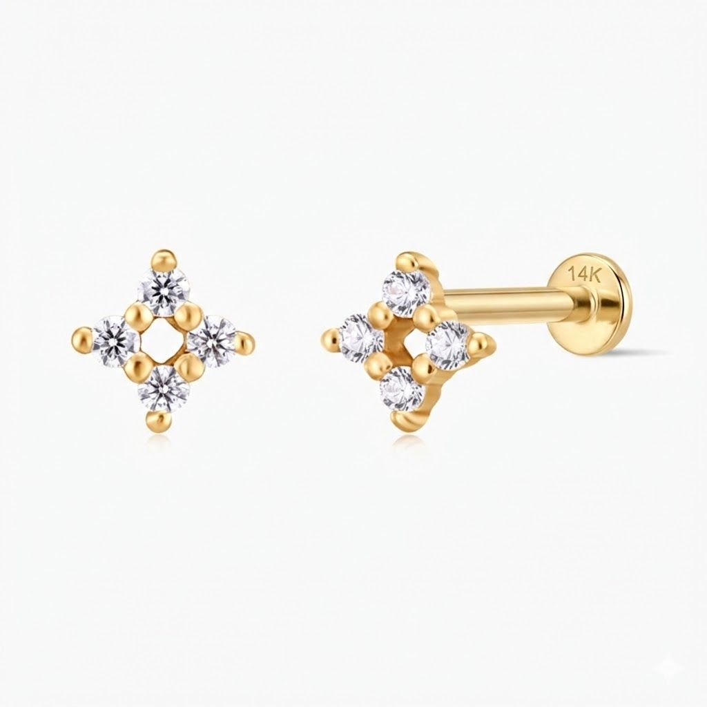 14K Solid Yellow Gold Four-Point Flat Back Stud & Solid Gold Post