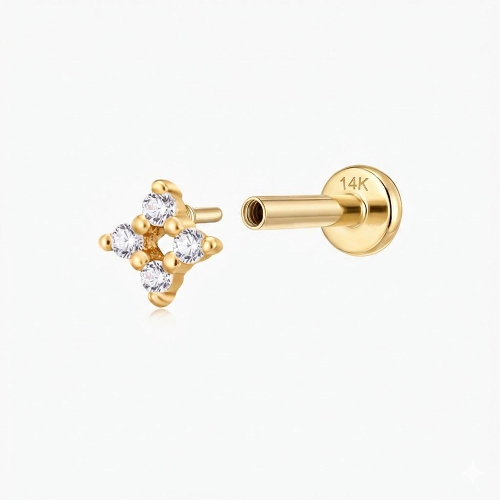 14K Solid Yellow Gold Four-Point Flat Back Stud & Solid Gold Post