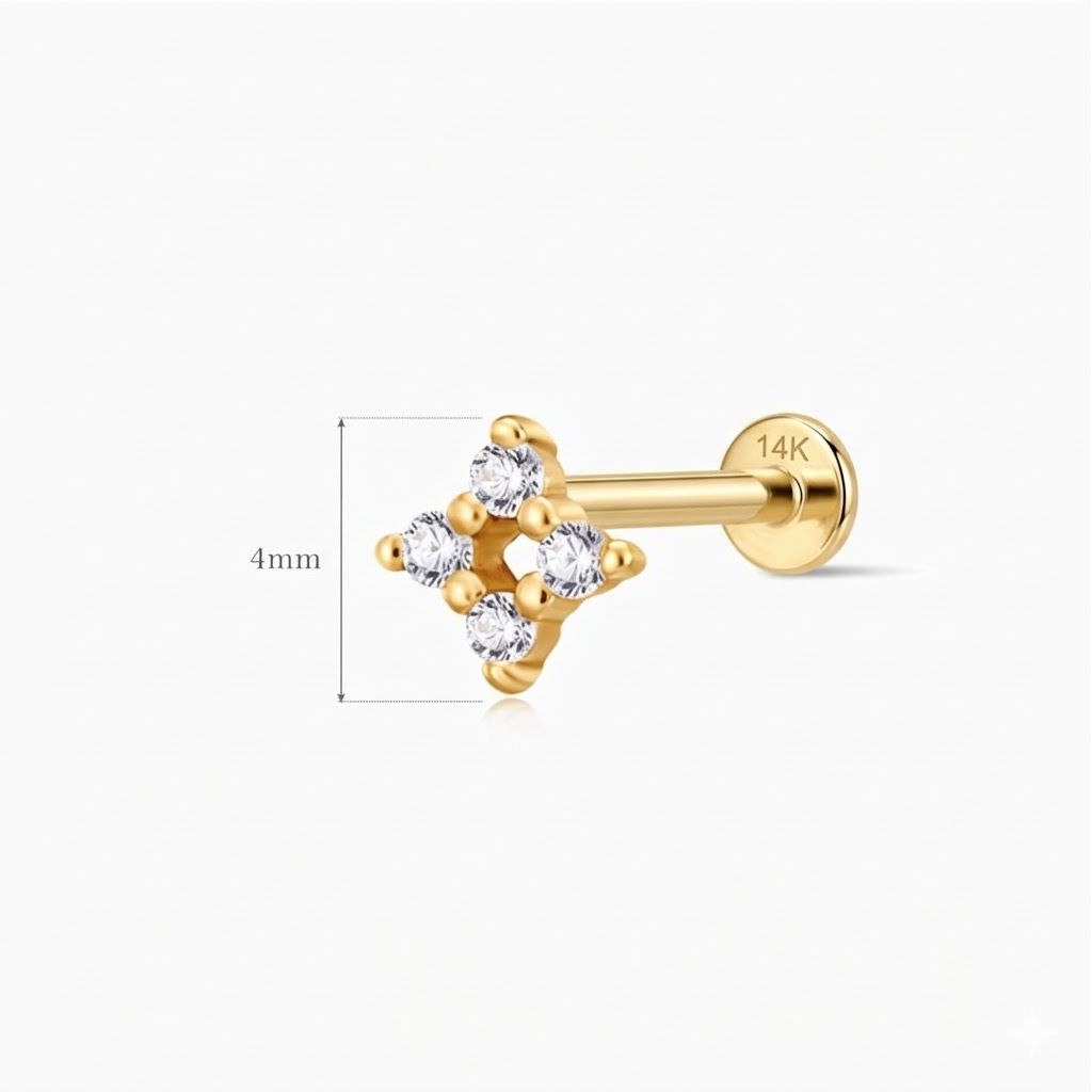 14K Solid Yellow Gold Four-Point Flat Back Stud & Solid Gold Post