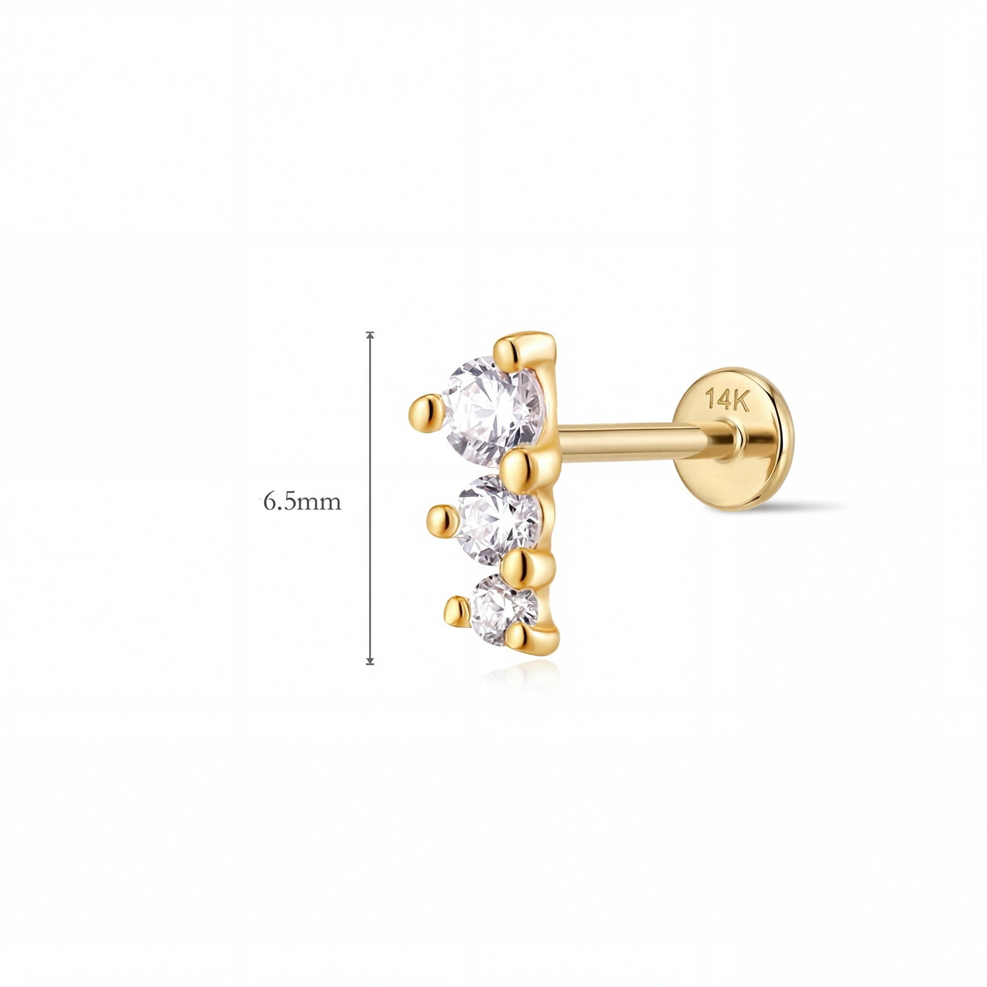 Aunyra- 14K Solid Yellow Gold Three-Stone Vertical Flat Back Stud & Solid Gold Post