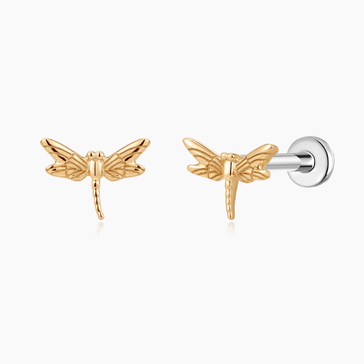 14K Solid Yellow Gold Dragonfly Flat Back Stud & Titanium Post