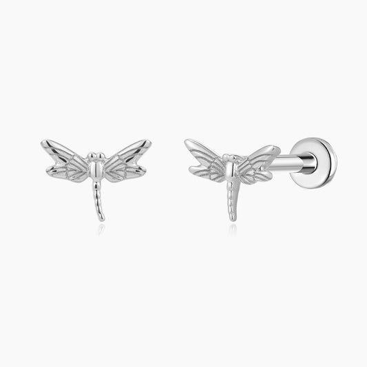 14K Solid White Gold Dragonfly Flat Back Stud & Titanium Post