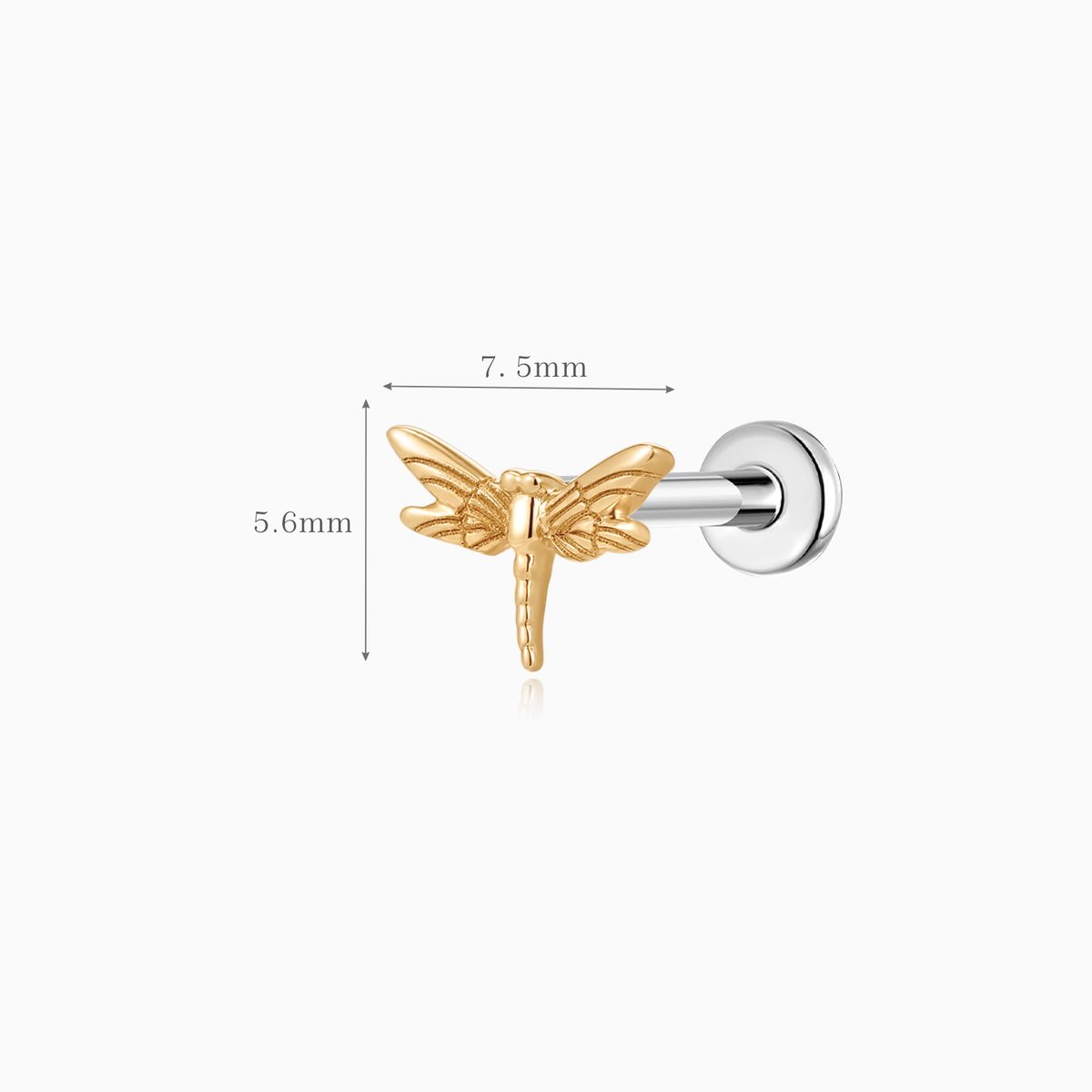 14K Solid Yellow Gold Dragonfly Flat Back Stud & Titanium Post