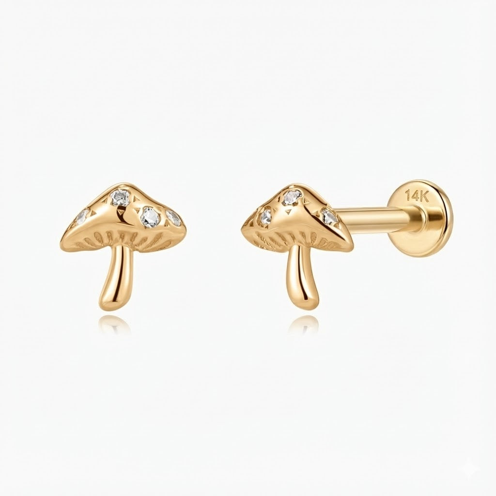 Aunyra- 14K Solid Yellow Gold Mushroom Flat Back Stud & Solid Gold Post