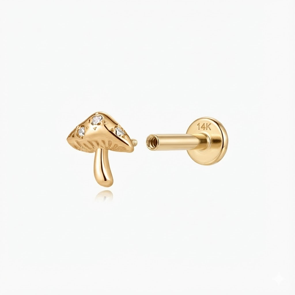 Aunyra- 14K Solid Yellow Gold Mushroom Flat Back Stud & Solid Gold Post