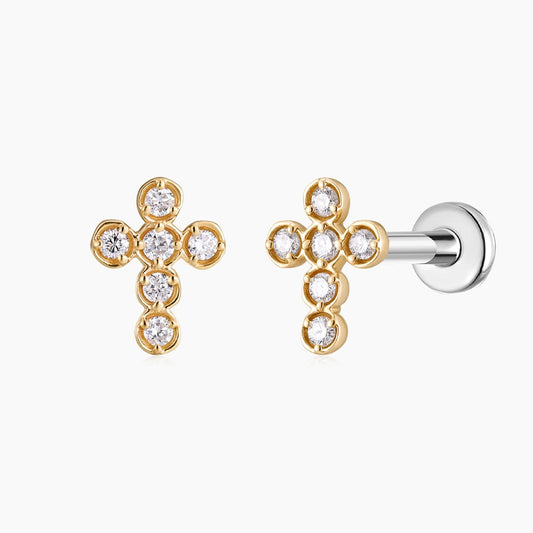 Aunyra- 14K Solid Yellow Gold Cross Flat Back Cartilage & Titanium Post