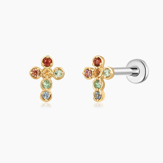 14K Solid Yellow Gold Multi-Gem Cross Flat Back Stud & Titanium Post