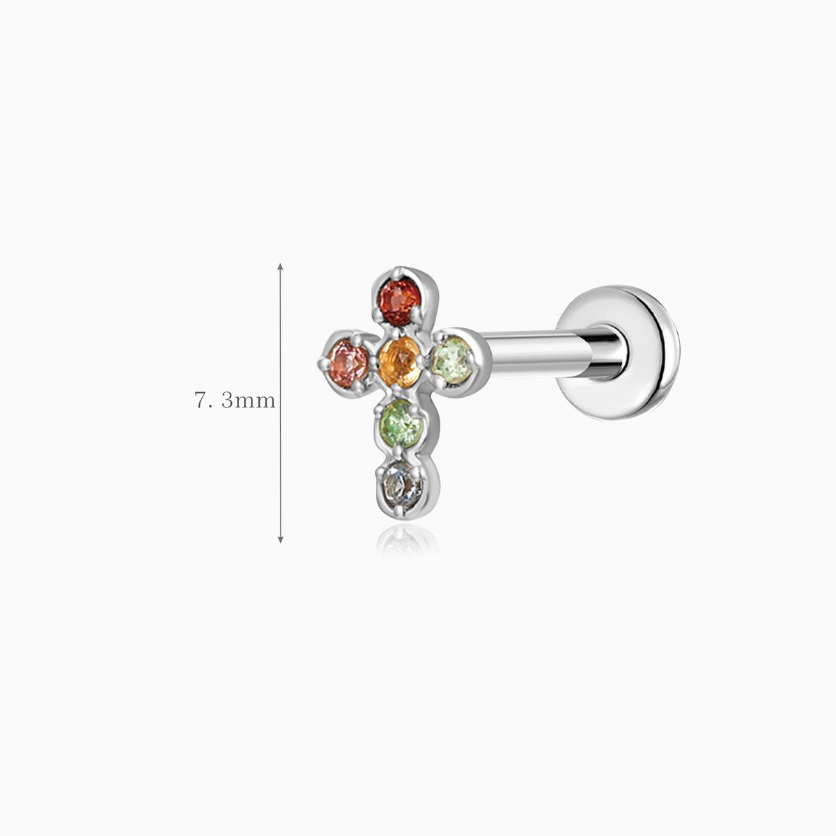 14K Solid White Gold Multi-Gem Cross Flat Back Stud & Titanium Post