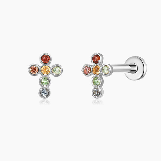 14K Solid White Gold Multi-Gem Cross Flat Back Stud & Titanium Post