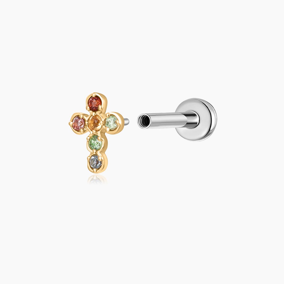 14K Solid Yellow Gold Multi-Gem Cross Flat Back Stud & Titanium Post