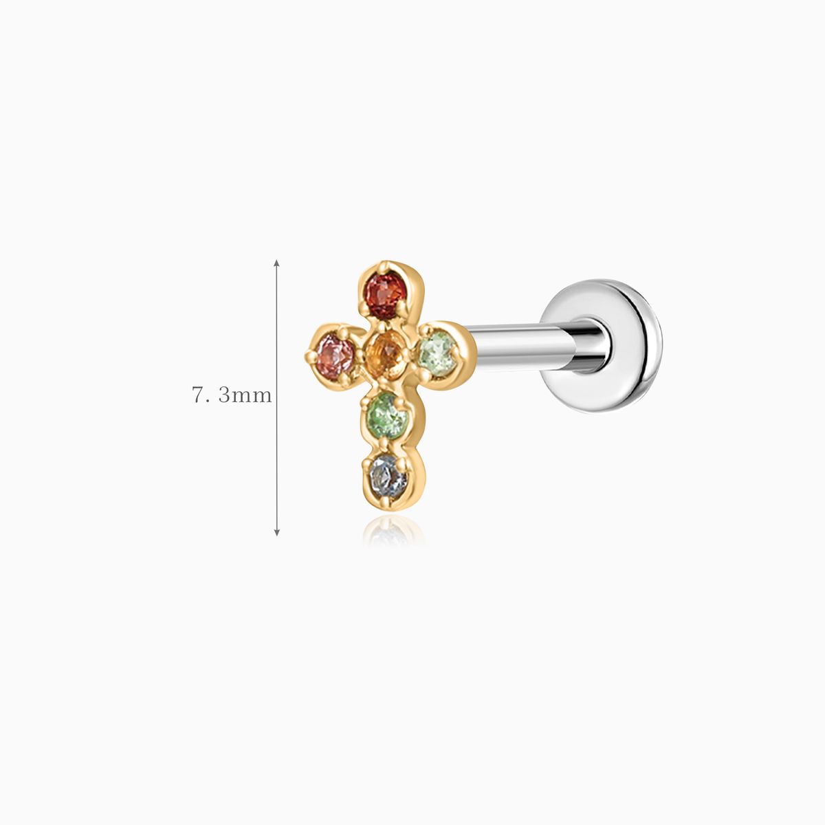 14K Solid Yellow Gold Multi-Gem Cross Flat Back Stud & Titanium Post