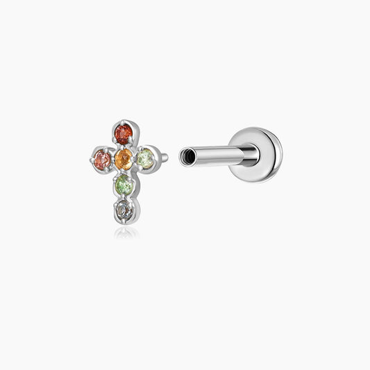 14K Solid White Gold Multi-Gem Cross Flat Back Stud & Titanium Post
