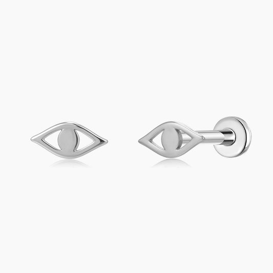 14K Solid White Gold Evil Eye Flat Back Stud & Titanium Post