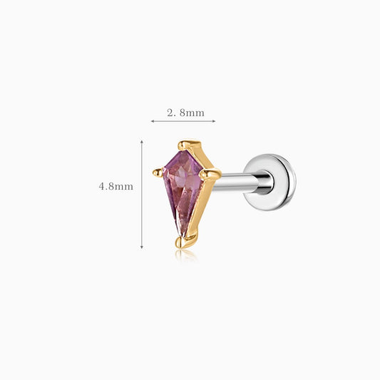 14K Solid Yellow Gold Amethyst Kite Flat Back Stud & Titanium Post