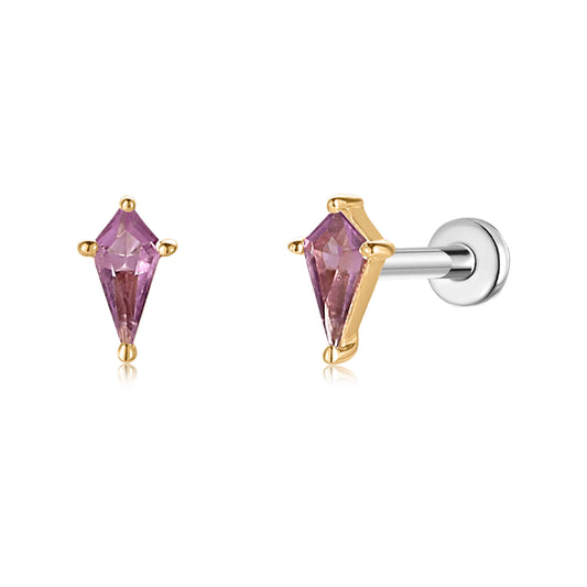 14K Solid Yellow Gold Amethyst Kite Flat Back Stud & Titanium Post