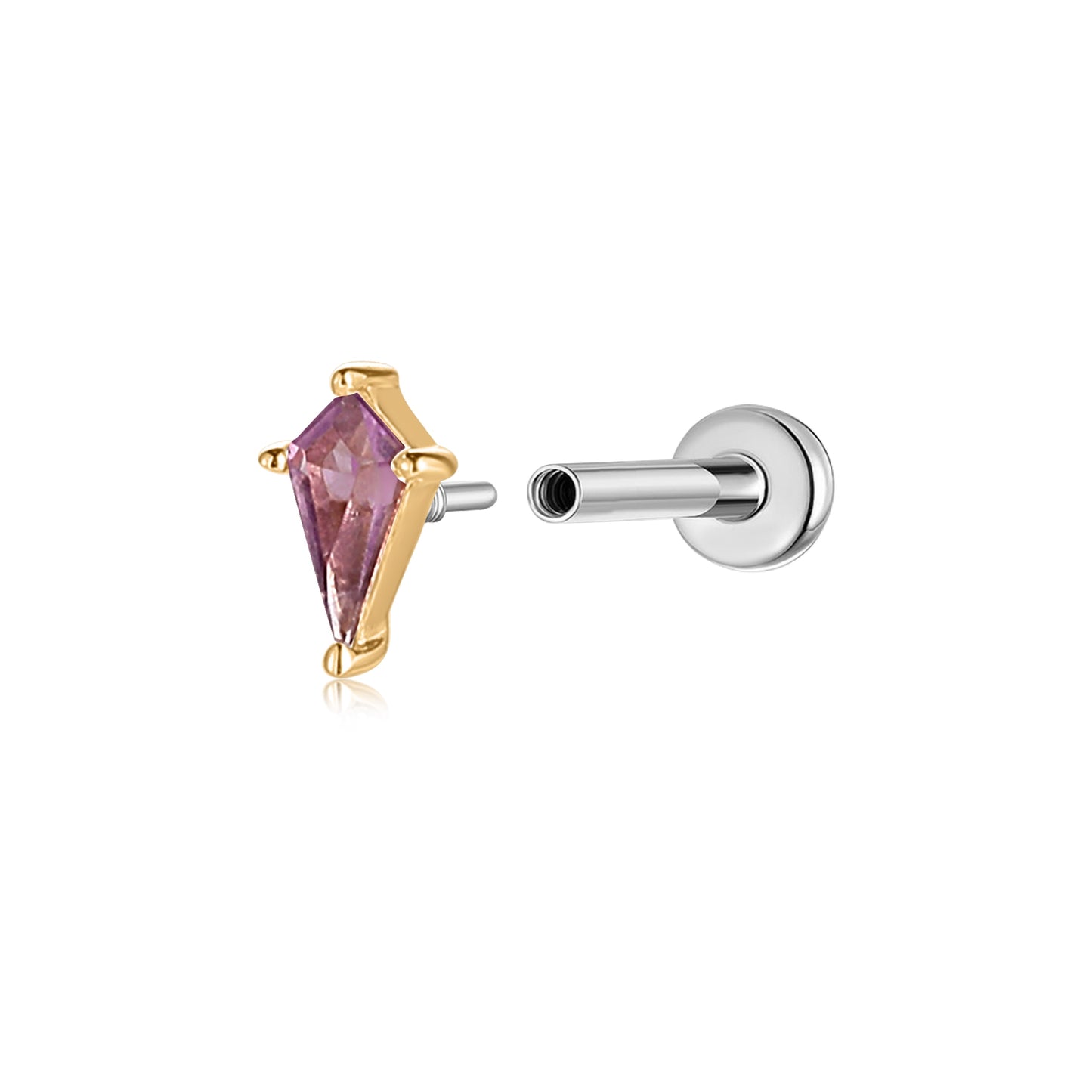 14K Solid Yellow Gold Amethyst Kite Flat Back Stud & Titanium Post