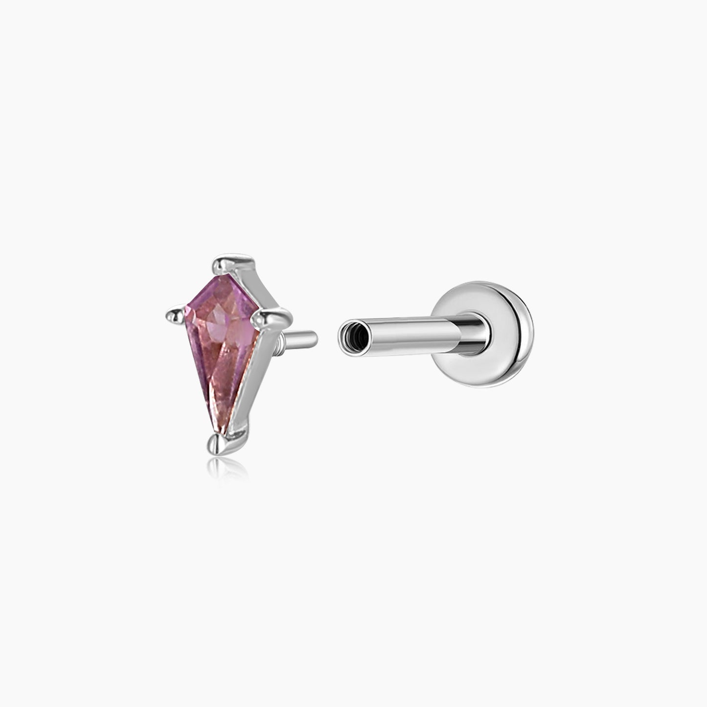 14K Solid White Gold Amethyst Kite Flat Back Stud & Titanium Post