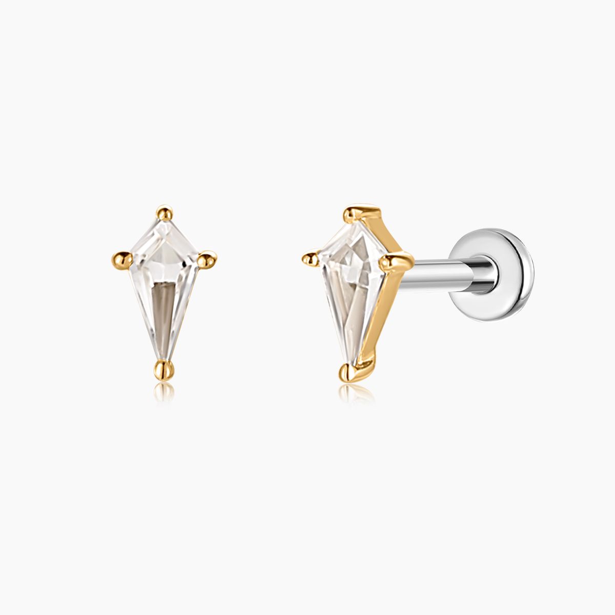 14K Solid Yellow Gold Kite White Topaz Flat Back Stud & Titanium Post