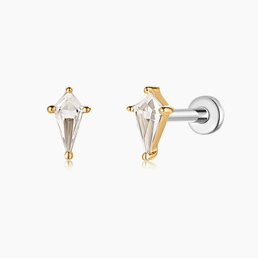 14K Solid Yellow Gold Kite White Topaz Flat Back Stud & Titanium Post