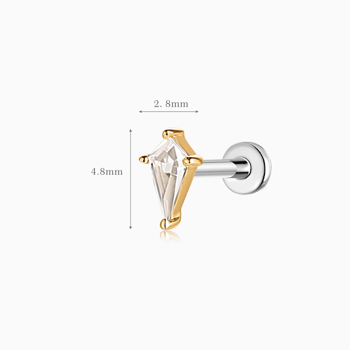 14K Solid Yellow Gold Kite White Topaz Flat Back Stud & Titanium Post