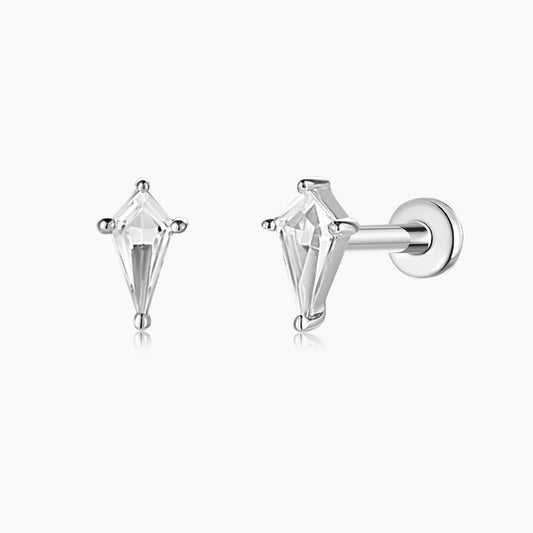 14K Solid White Gold Kite White Topaz Flat Back Stud & Titanium Post